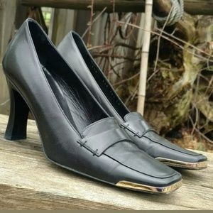 Escada Black Loafer Heels Gold Detail Italy 35.5